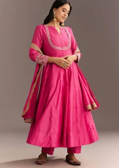 Pink Chanderi Anarkali With Gotta Moti Neckline And Lace Dupatta