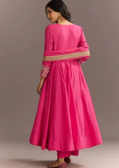 Pink Chanderi Anarkali With Gotta Moti Neckline And Lace Dupatta