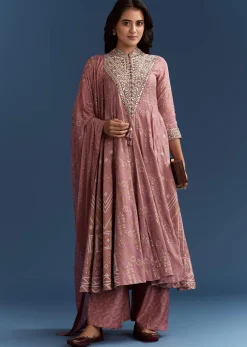 Pink Chanderi Printed Anarkali With Thread Work