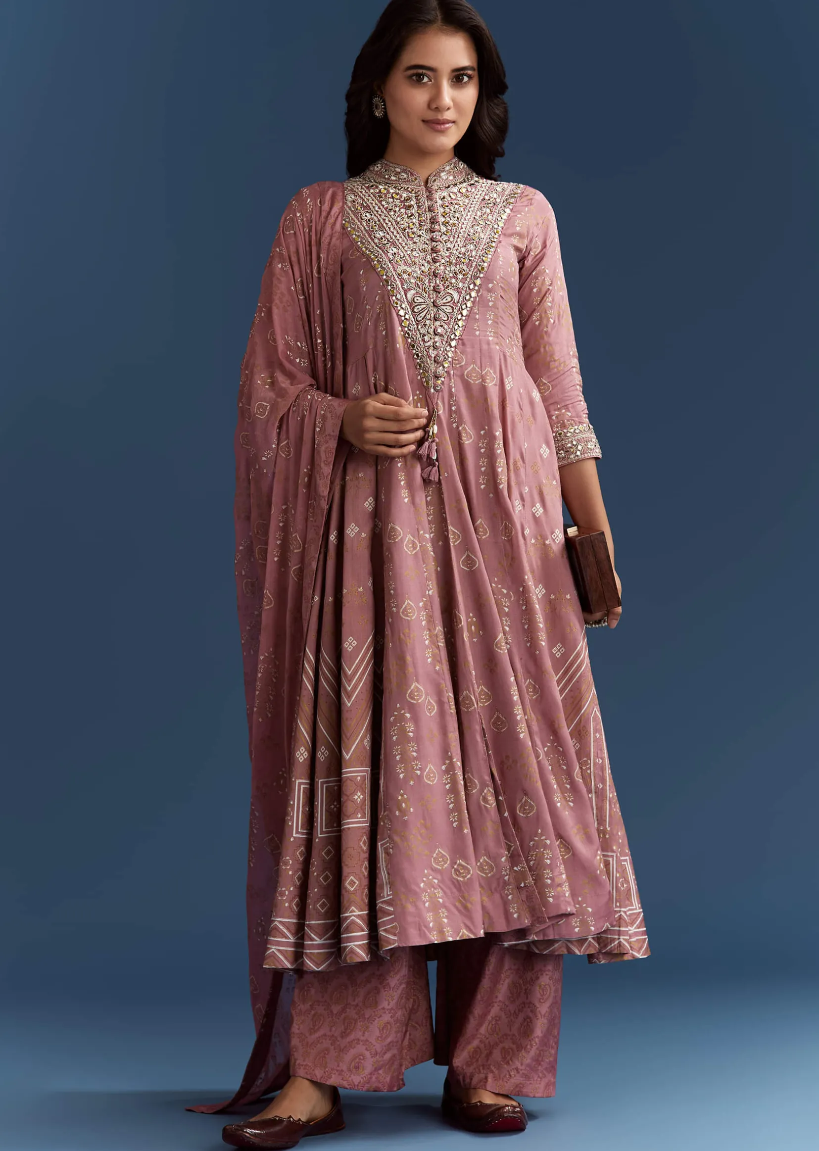 Pink Chanderi Printed Anarkali With Thread Work