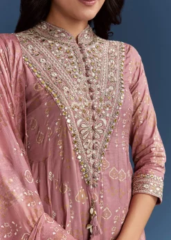 Pink Chanderi Printed Anarkali With Thread Work