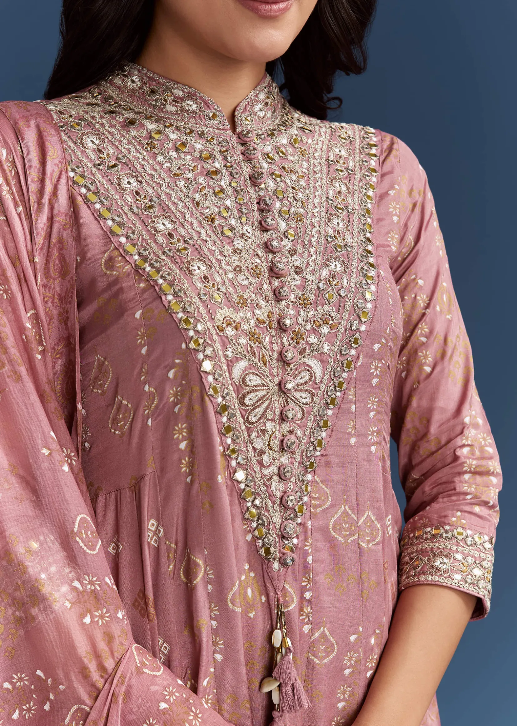 Pink Chanderi Printed Anarkali With Thread Work