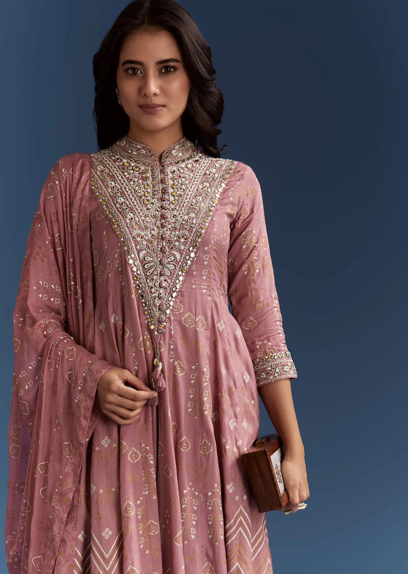 Pink Chanderi Printed Anarkali With Thread Work
