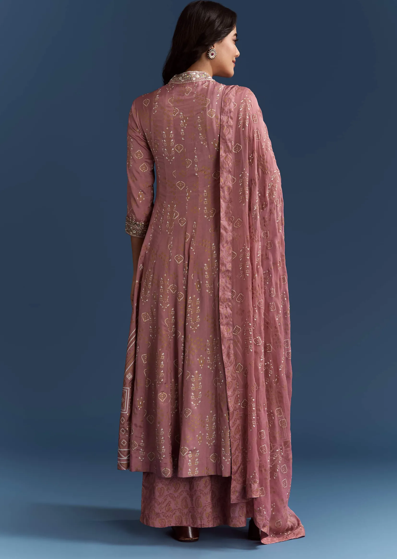Pink Chanderi Printed Anarkali With Thread Work