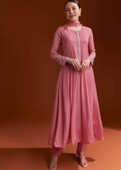 Pink Chinon Anarkali Suit With Moti And Stone Work