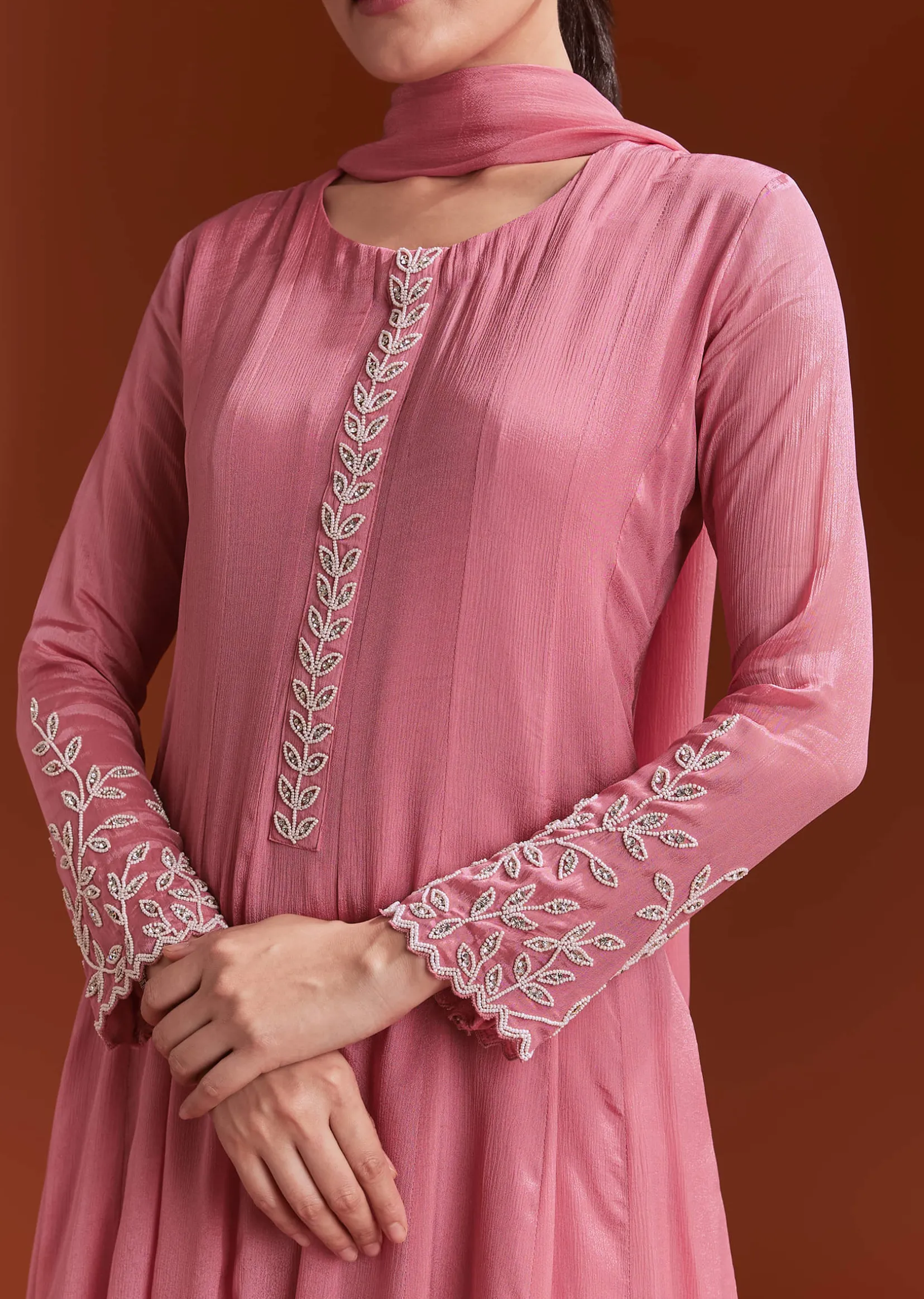 Pink Chinon Anarkali Suit With Moti And Stone Work