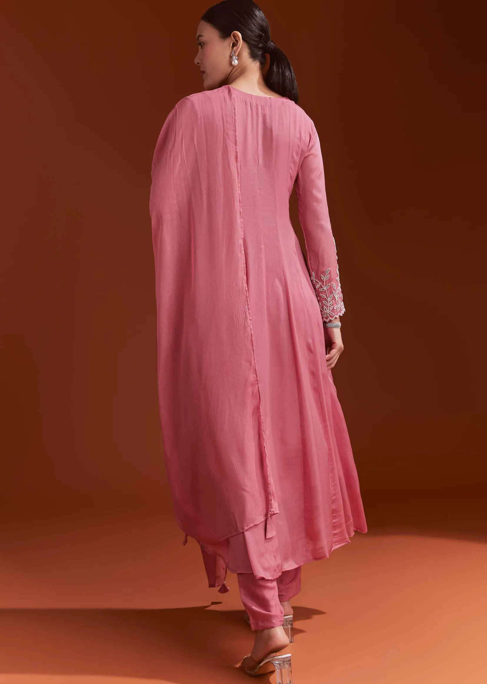 Pink Chinon Anarkali Suit With Moti And Stone Work