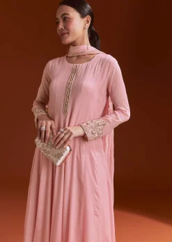 Pink Chinon Anarkali Suit With Beads And Stone Work
