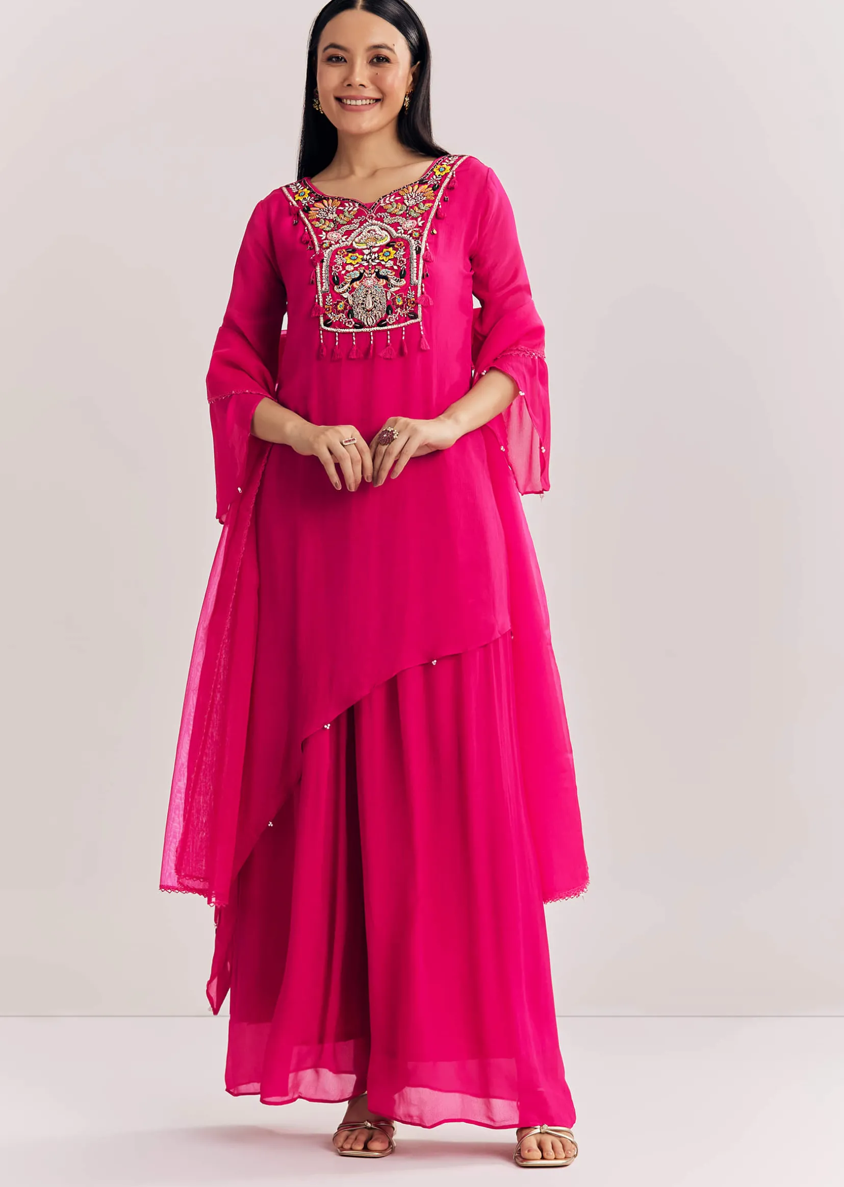 Pink Chinon Asymmetrical Palazzo Suit With Embroidery