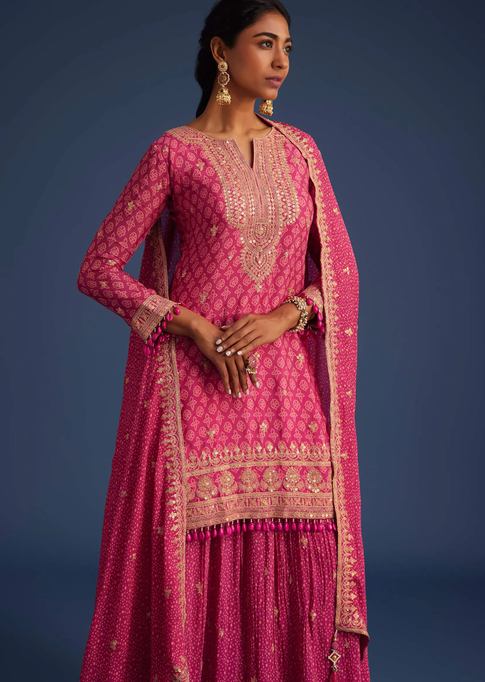 Pink Chinon Bandhani Palazzo Set