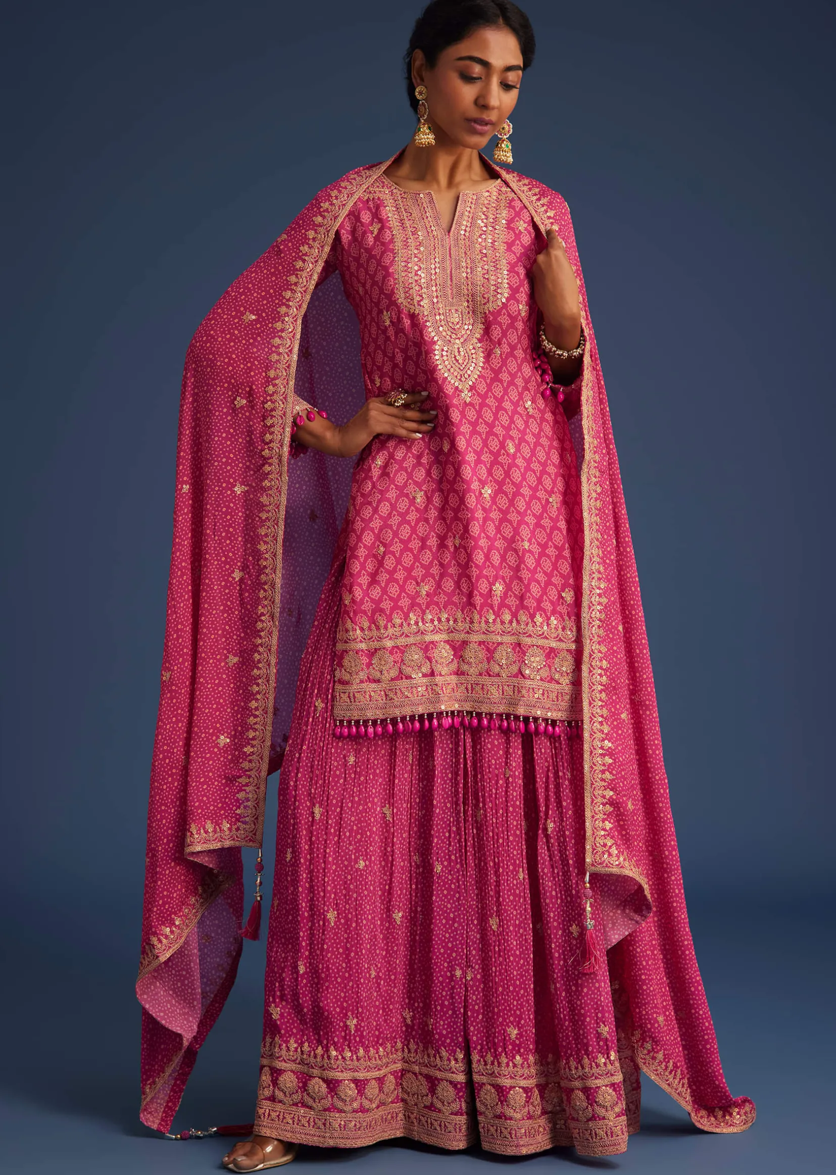 Pink Chinon Bandhani Palazzo Set