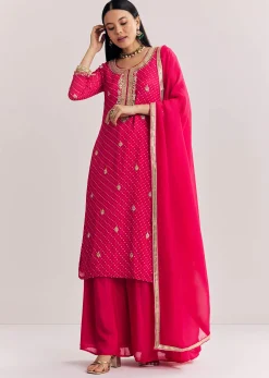 Pink Chinon Bandhani Palazzo Suit