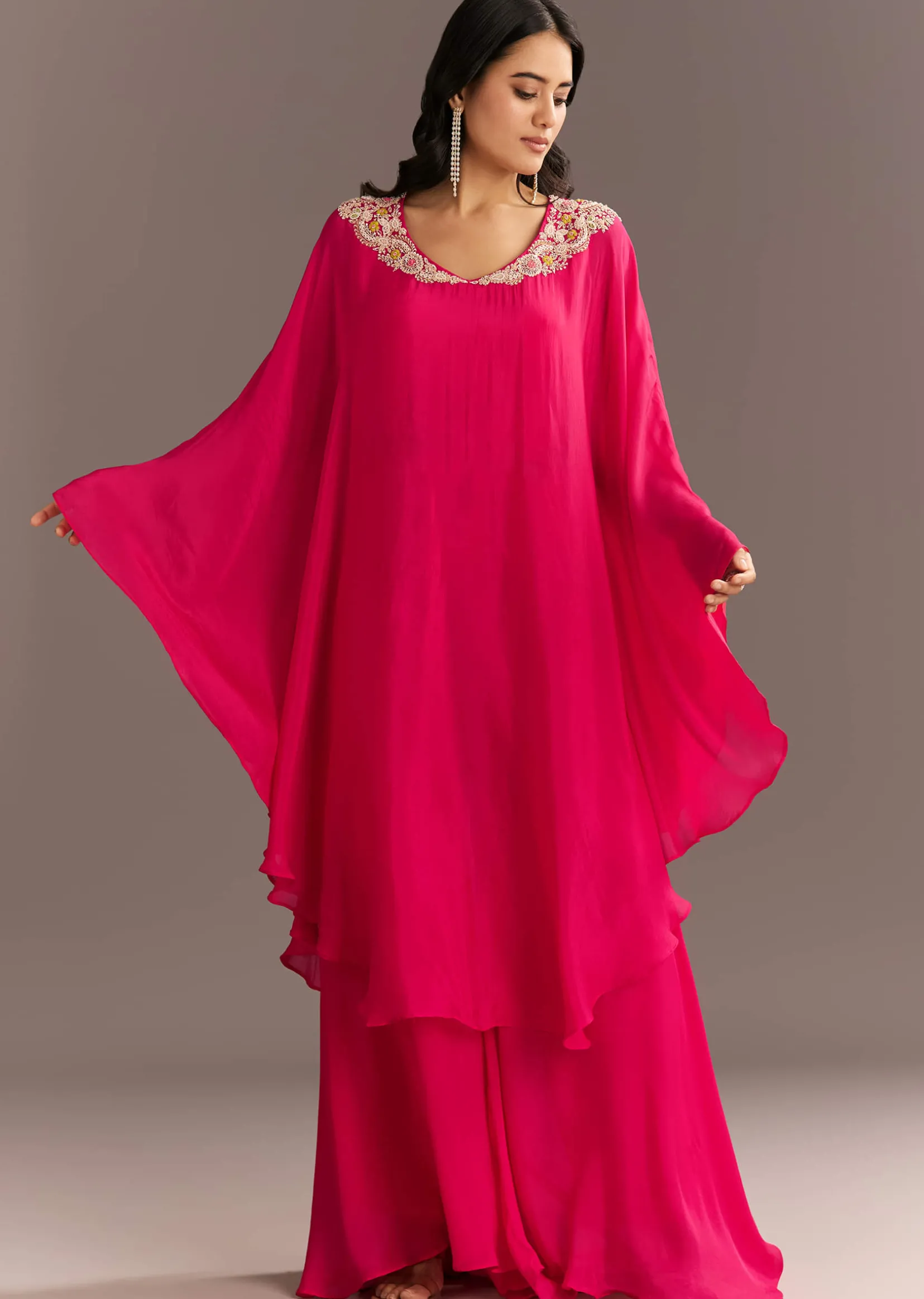 Pink Chinon Cape Style Kurta Palazzo With Zardosi Neckline