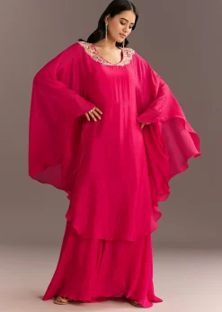 Pink Chinon Cape Style Kurta Palazzo With Zardosi Neckline