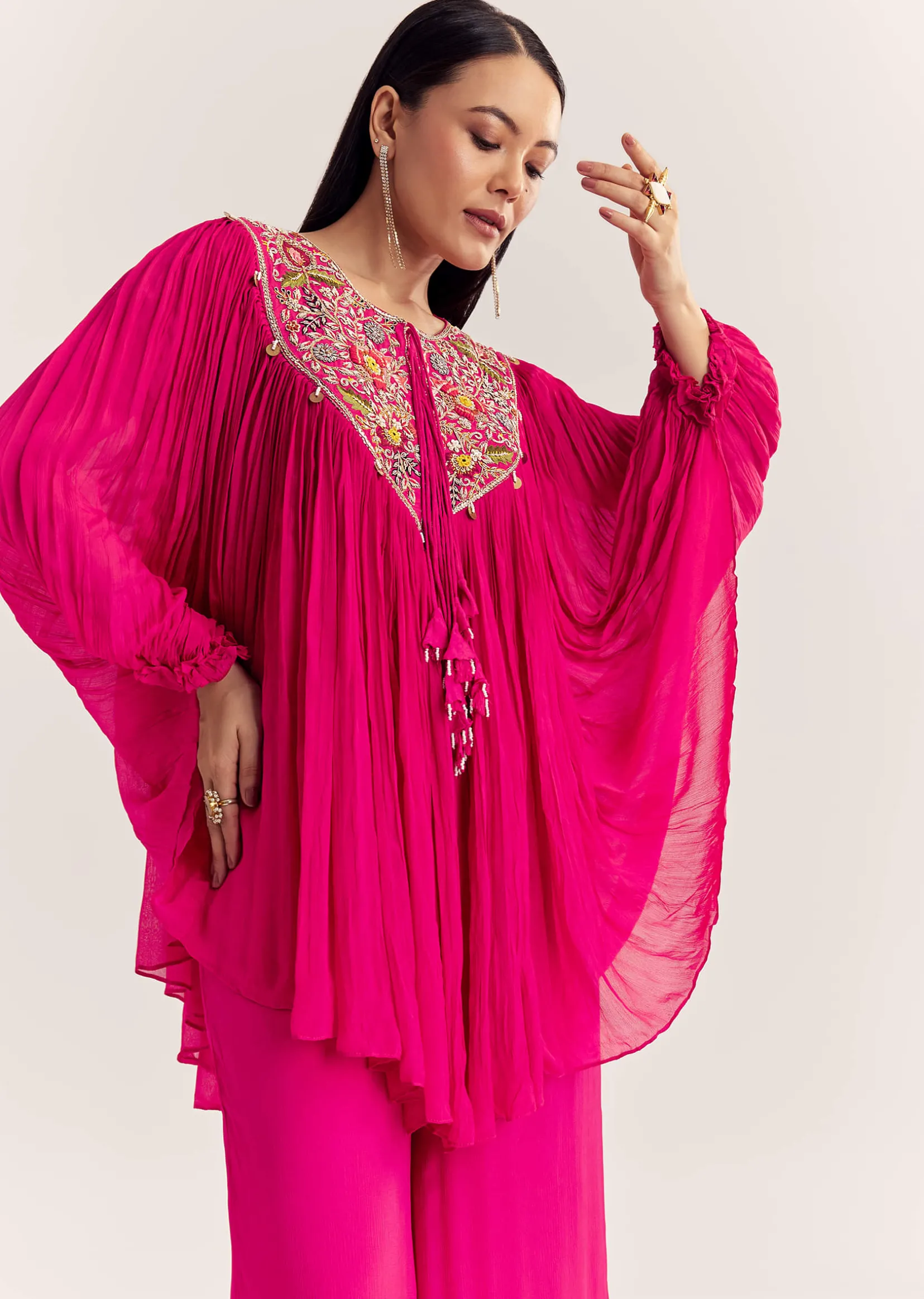 Pink Chinon Kaftan Kurta Set With Zardosi And Thread Work