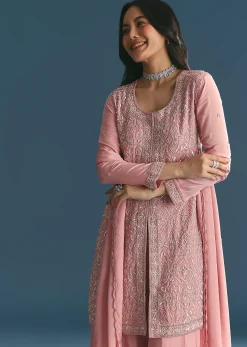 Pink Chinon Kurta Palazzo Suit With Cutdana And Sequins