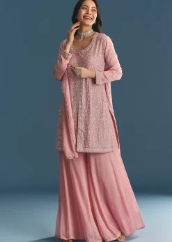 Pink Chinon Kurta Palazzo Suit With Cutdana And Sequins