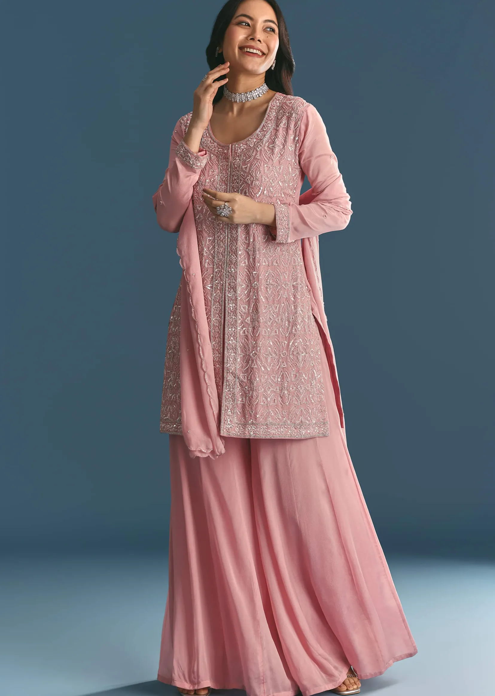 Pink Chinon Kurta Palazzo Suit With Cutdana And Sequins