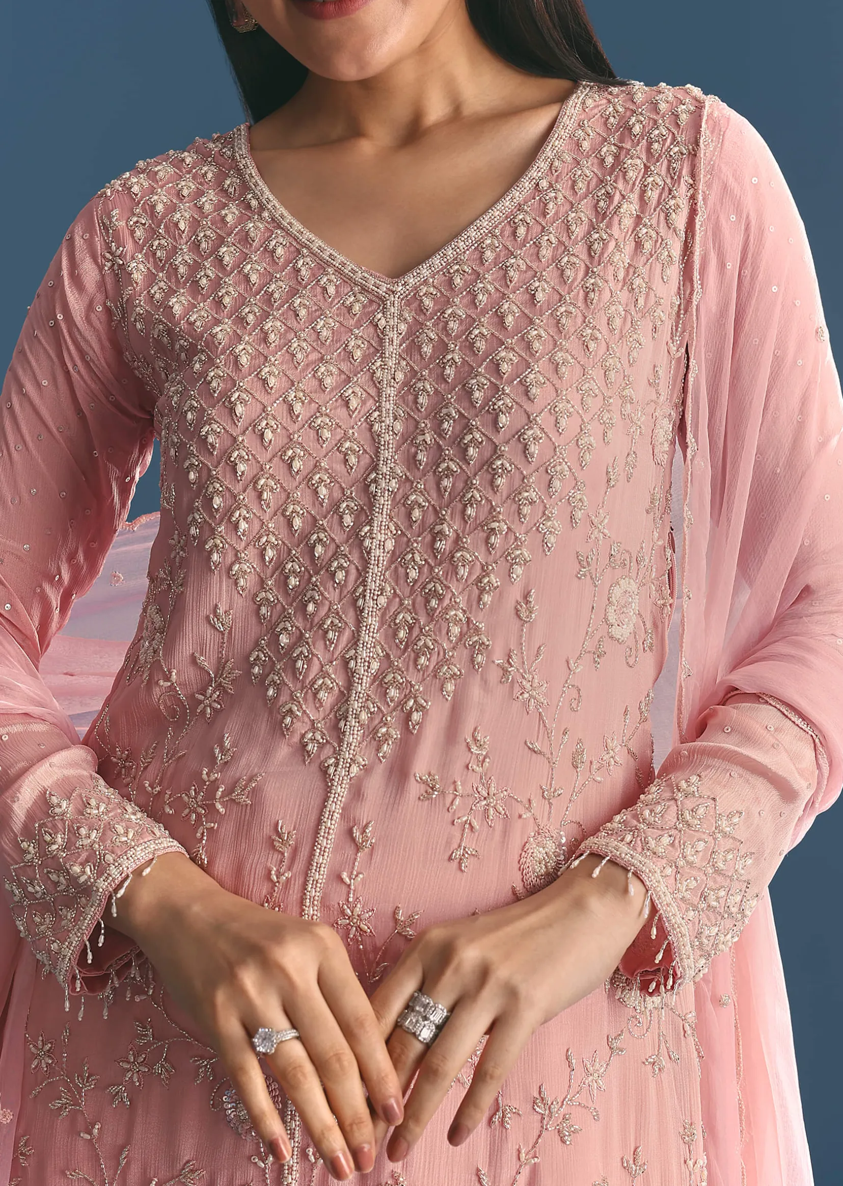 Pink Chinon Kurta Palazzo Suit With Moti And Cut Dana Work