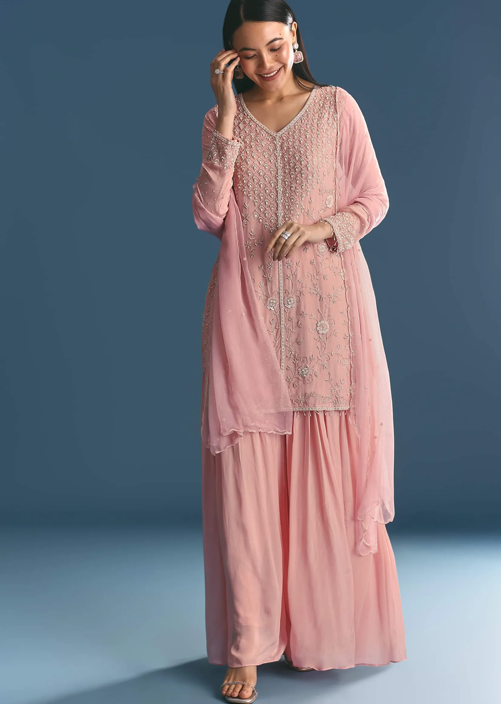 Pink Chinon Kurta Palazzo Suit With Moti And Cut Dana Work