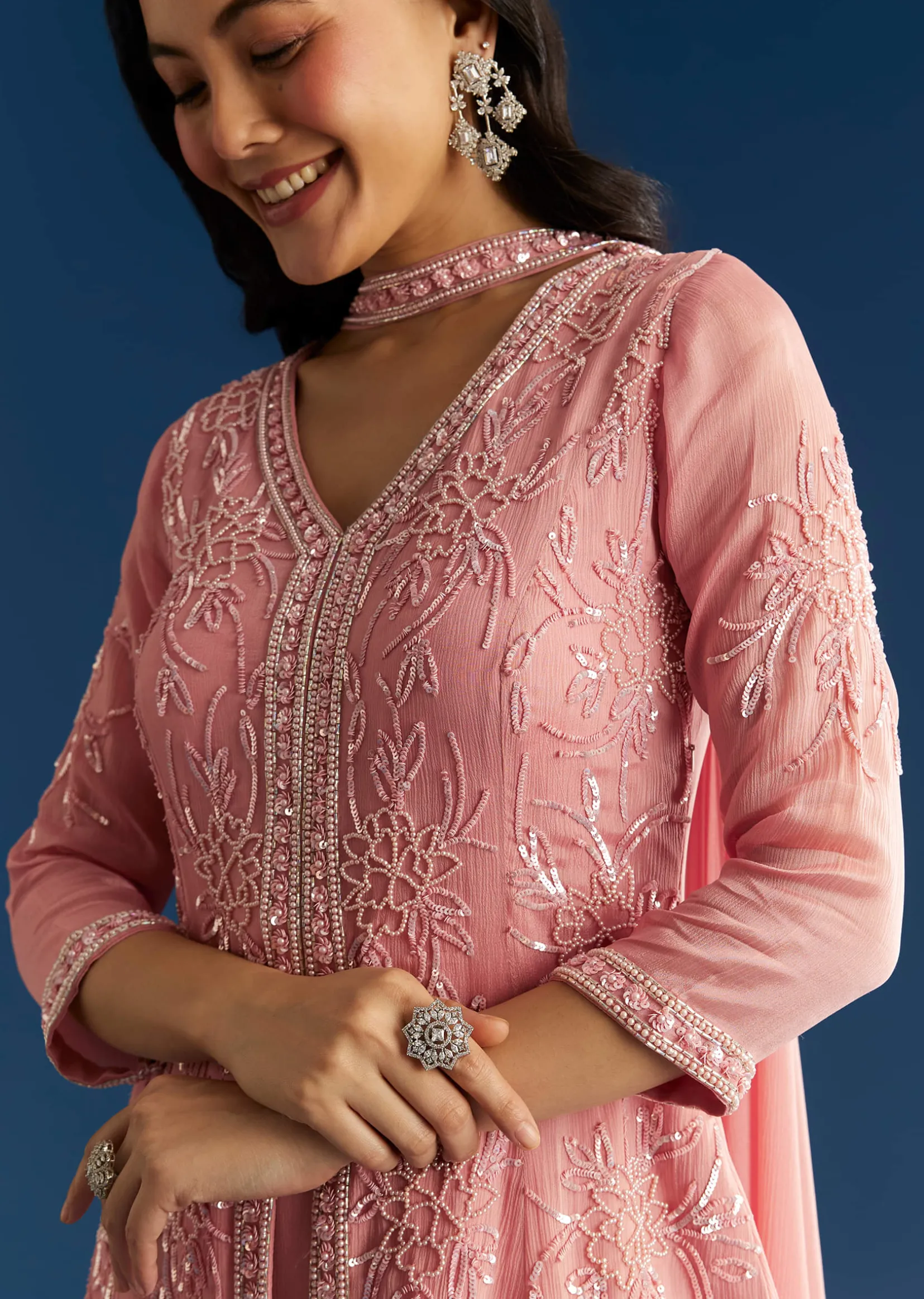 Pink Chinon Kurta Set With Choker Style Dupatta