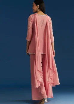 Pink Chinon Kurta Set With Choker Style Dupatta