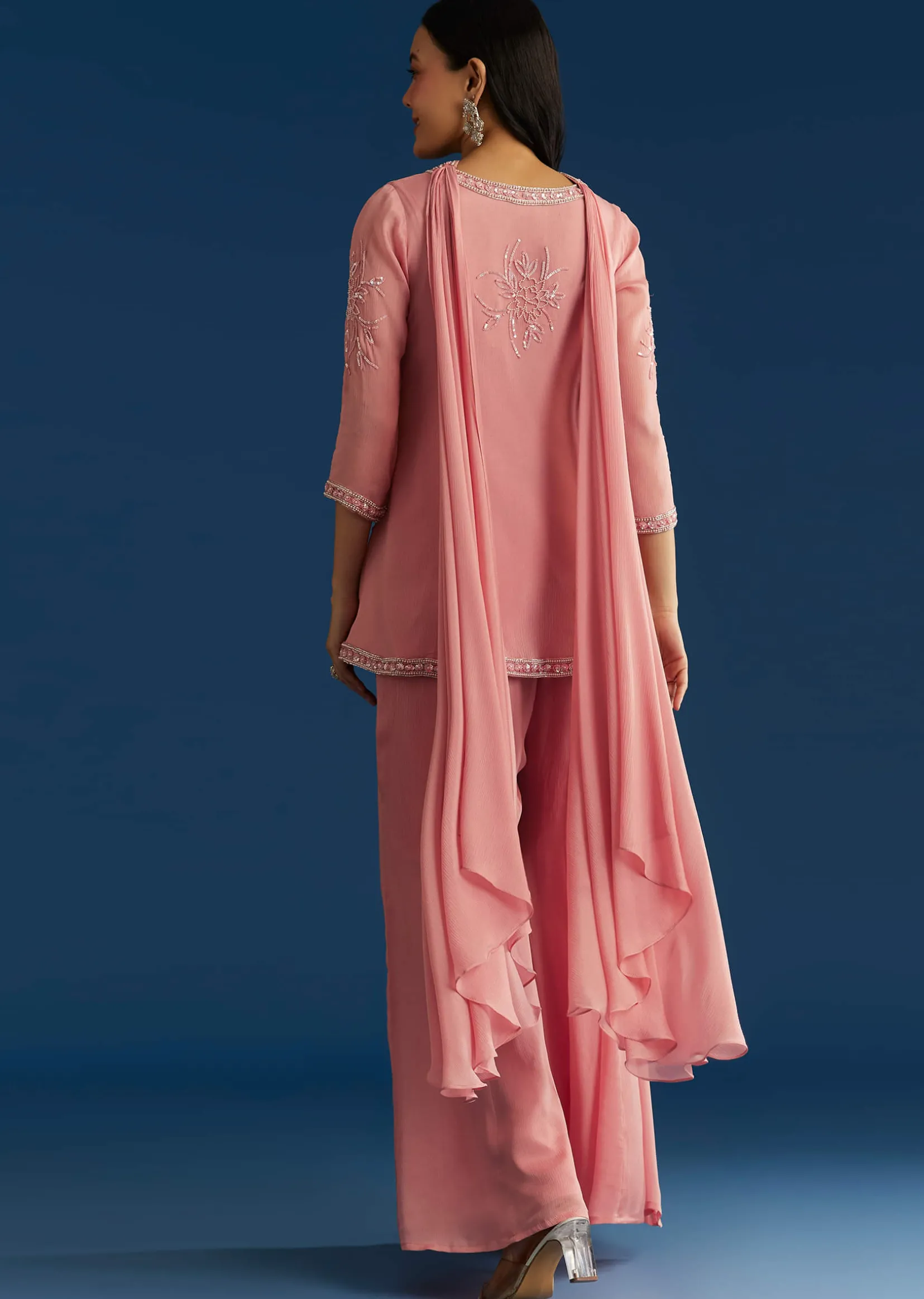 Pink Chinon Kurta Set With Choker Style Dupatta