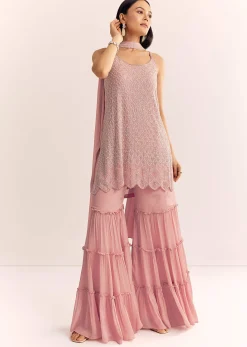 Pink Chinon Kurta Set With Cutdana Moti And Choker Dupatta