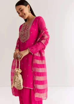 Pink Chinon Kurta Set With Zardosi And Cutdana Dupatta