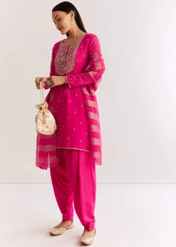 Pink Chinon Kurta Set With Zardosi And Cutdana Dupatta