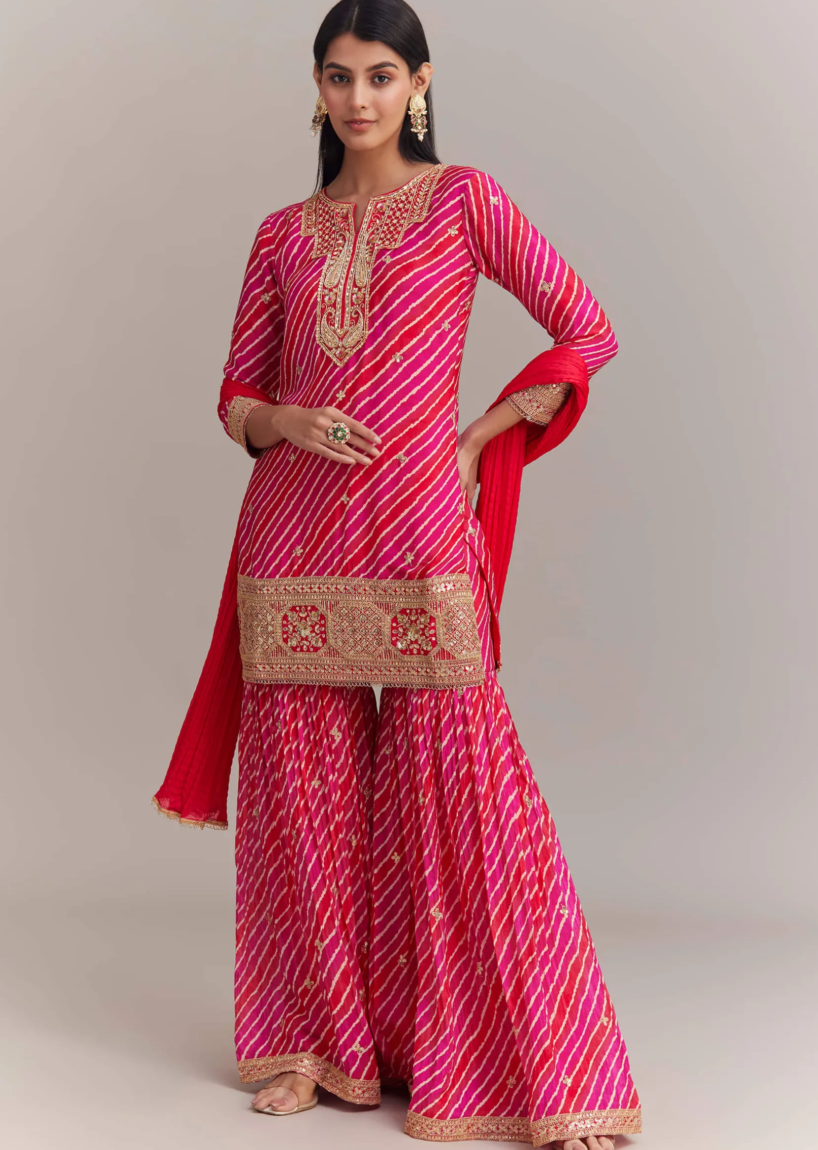 Pink Chinon Leheriya Embroidered Sharara Set