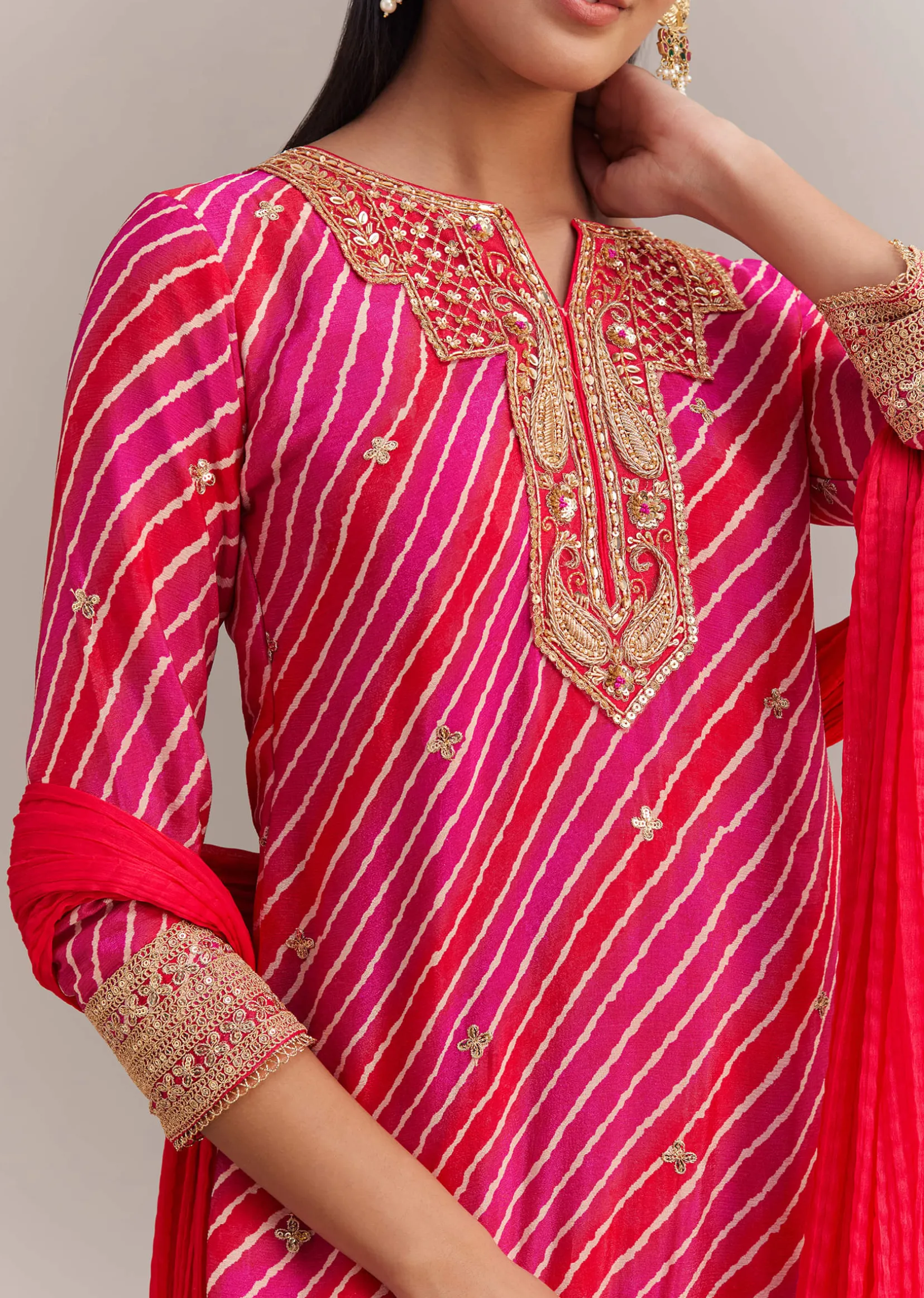 Pink Chinon Leheriya Embroidered Sharara Set