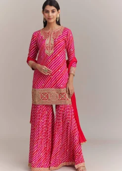 Pink Chinon Leheriya Embroidered Sharara Set