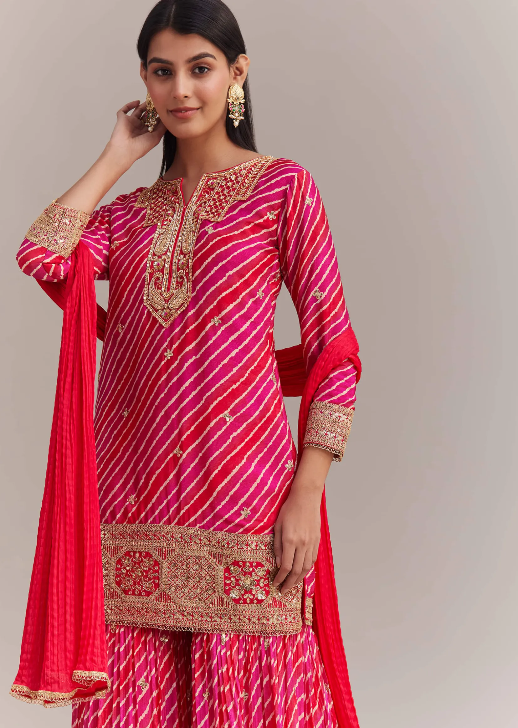 Pink Chinon Leheriya Embroidered Sharara Set