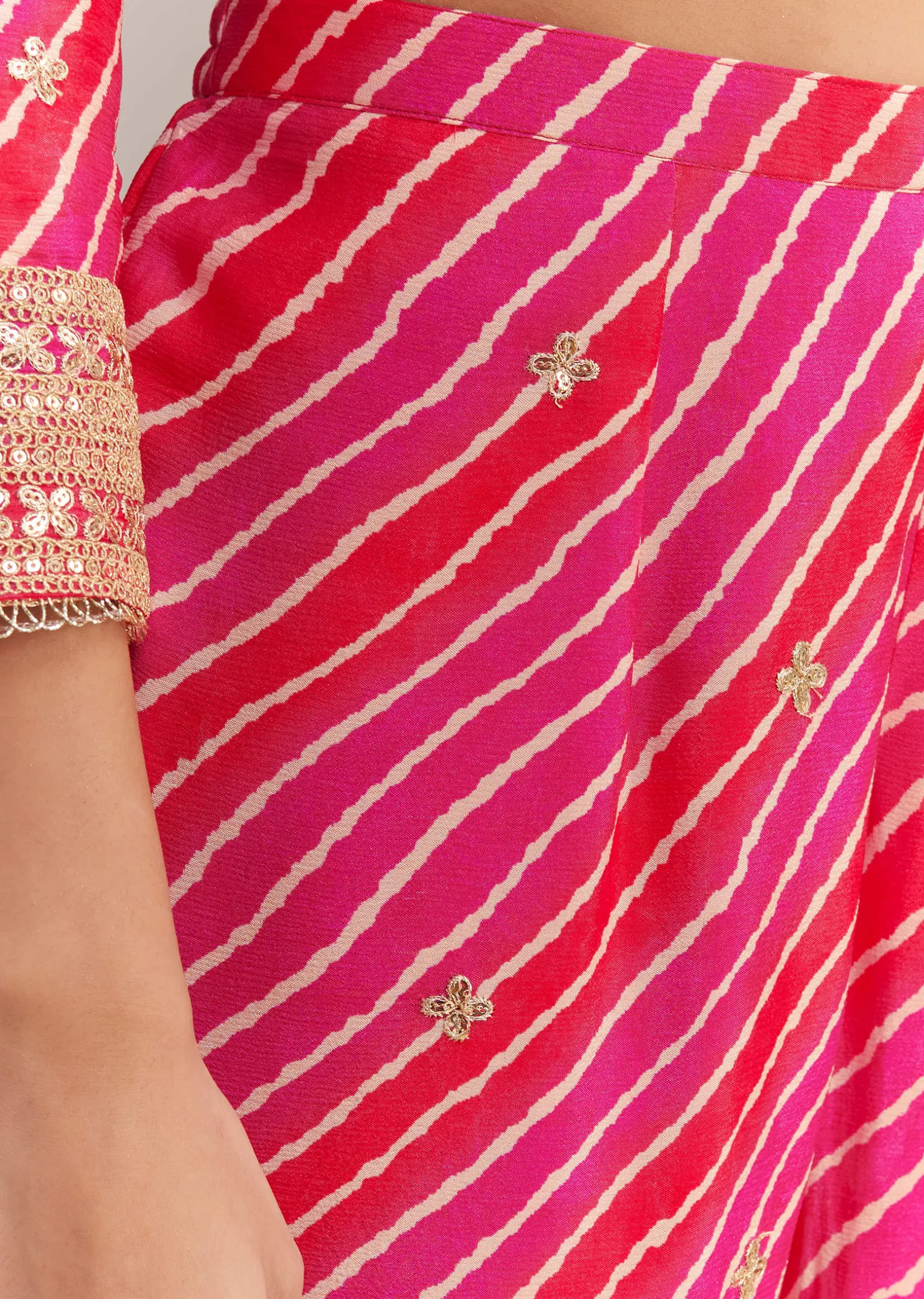 Pink Chinon Leheriya Embroidered Sharara Set