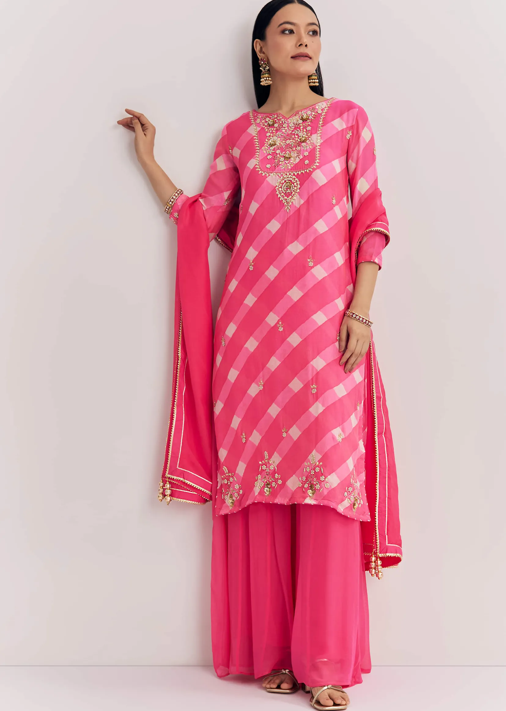 Pink Chinon Palazzo Suit With Zardosi And Thread Work