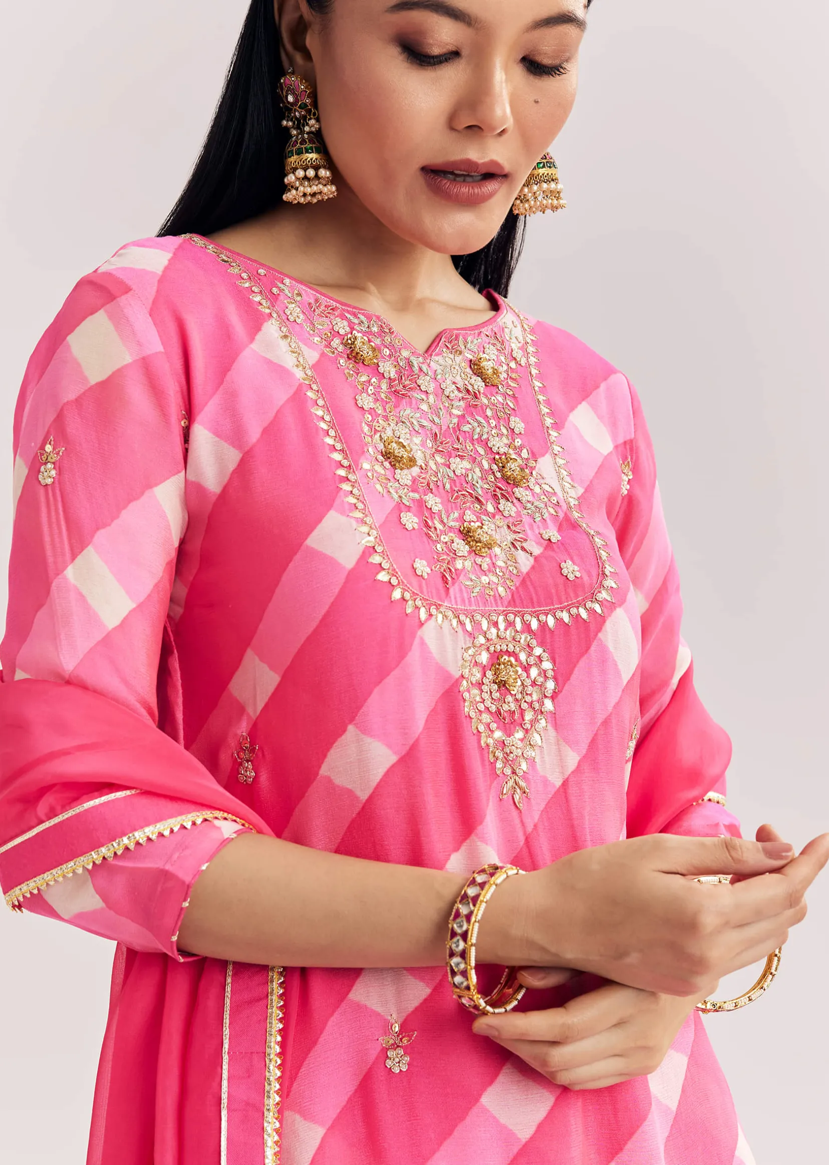 Pink Chinon Palazzo Suit With Zardosi And Thread Work