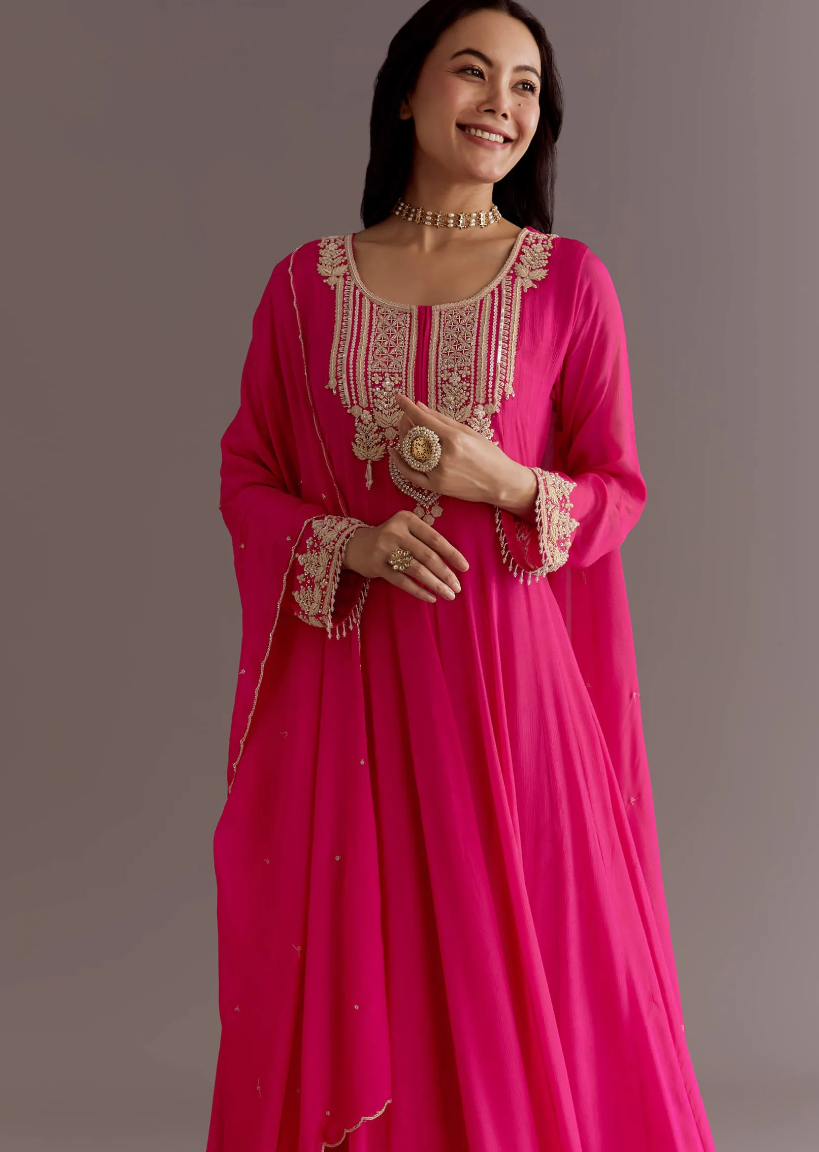 Pink Chinon Thread Sequin Embroidered Anarkali Dupatta Suit