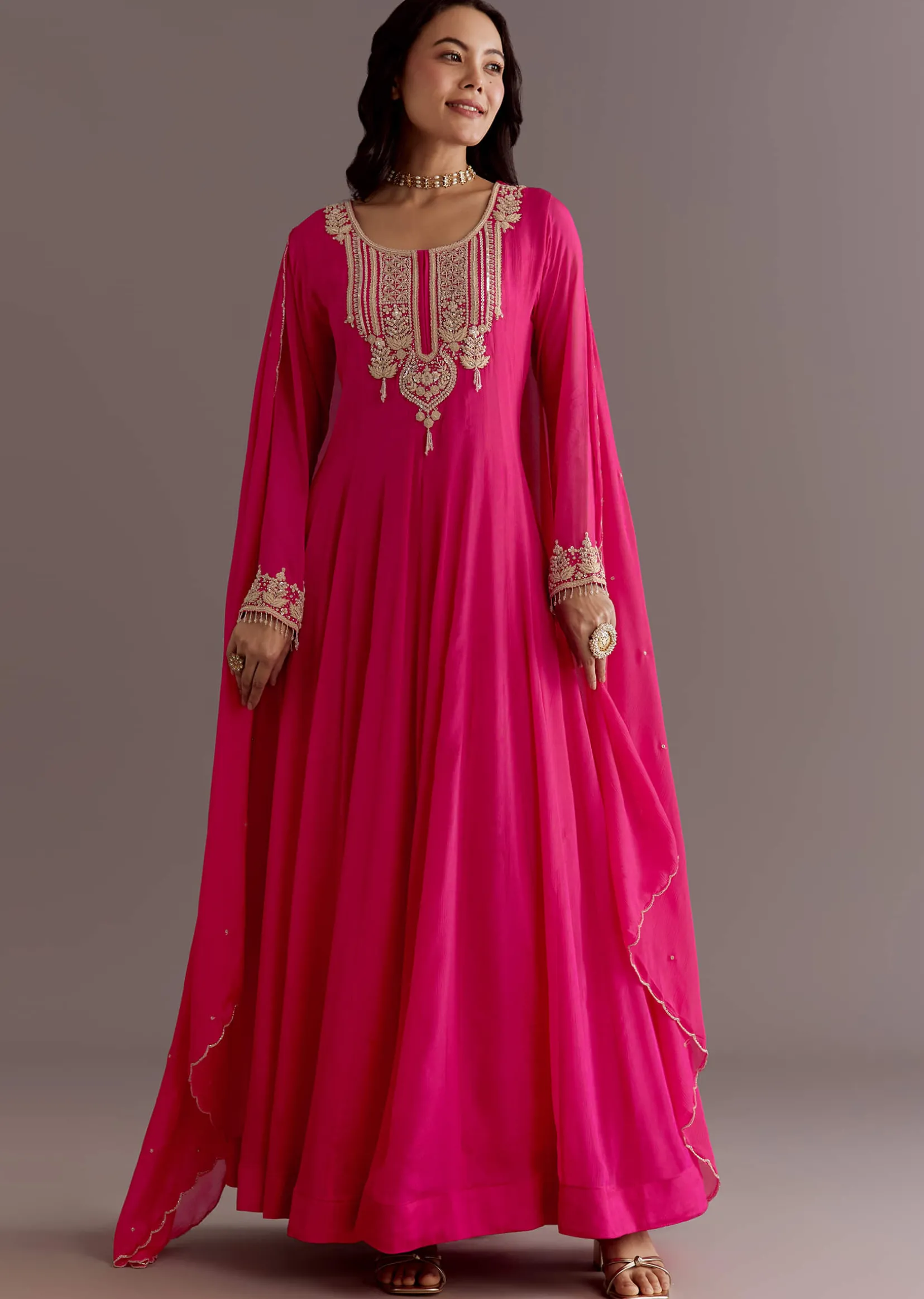 Pink Chinon Thread Sequin Embroidered Anarkali Dupatta Suit