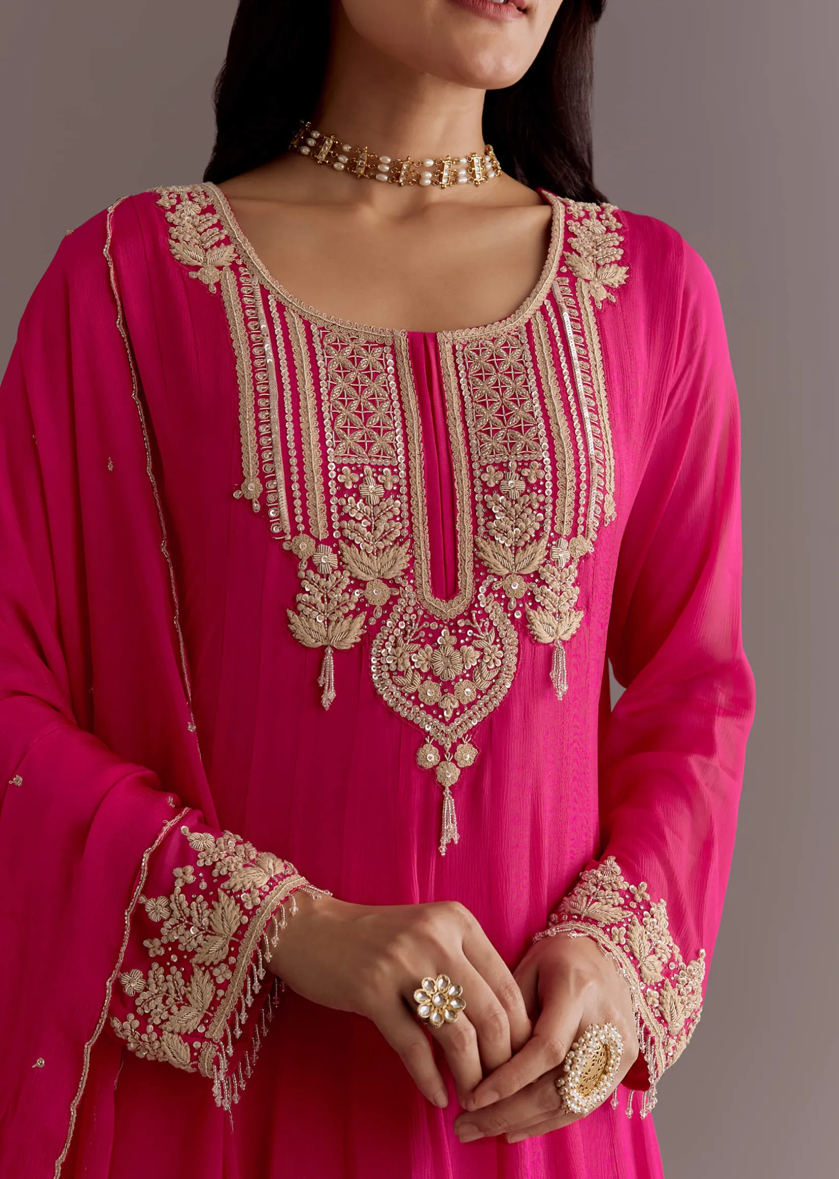 Pink Chinon Thread Sequin Embroidered Anarkali Dupatta Suit