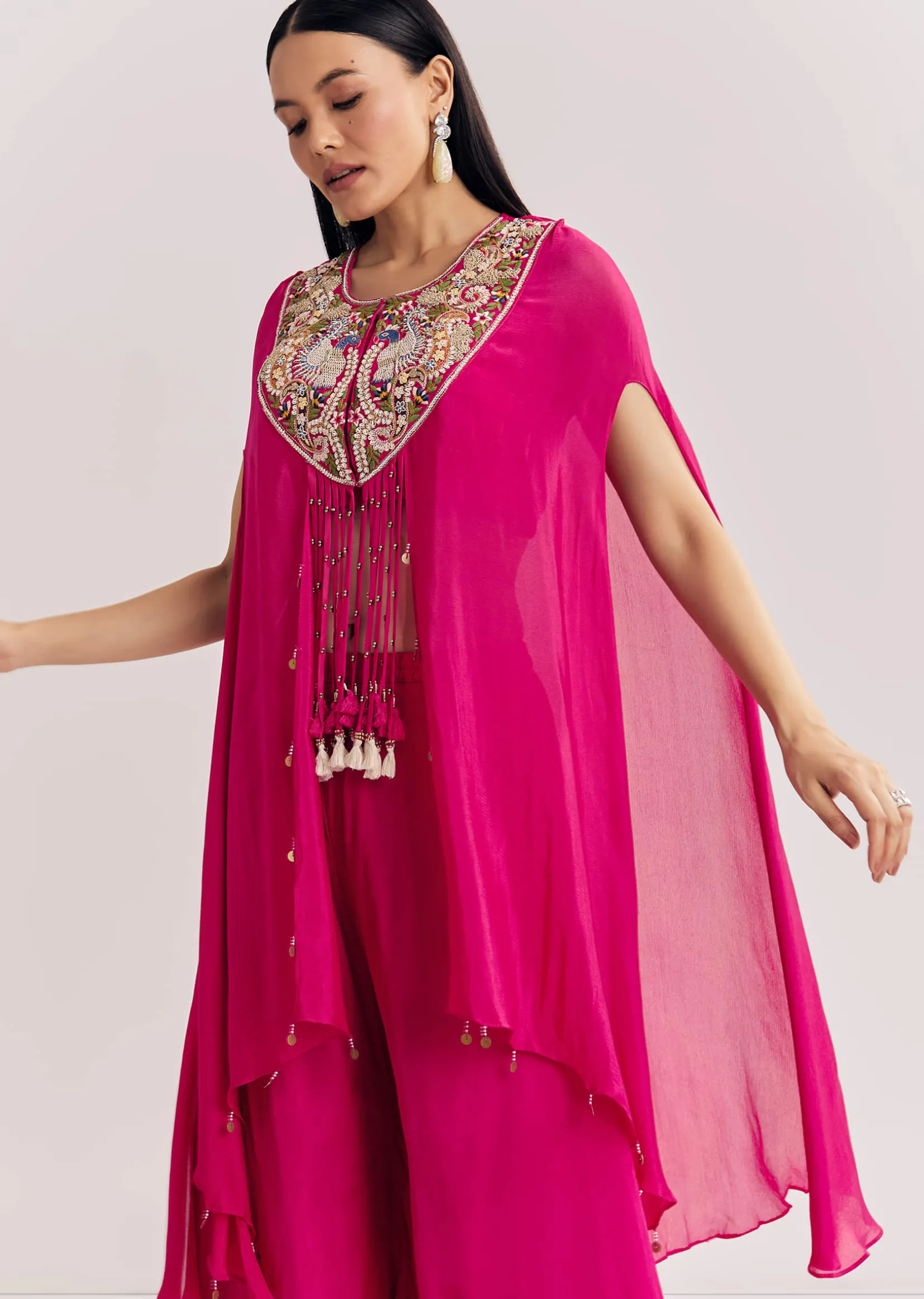 Pink Chinon Zardosi Threadwork Kaftan Kurta Set