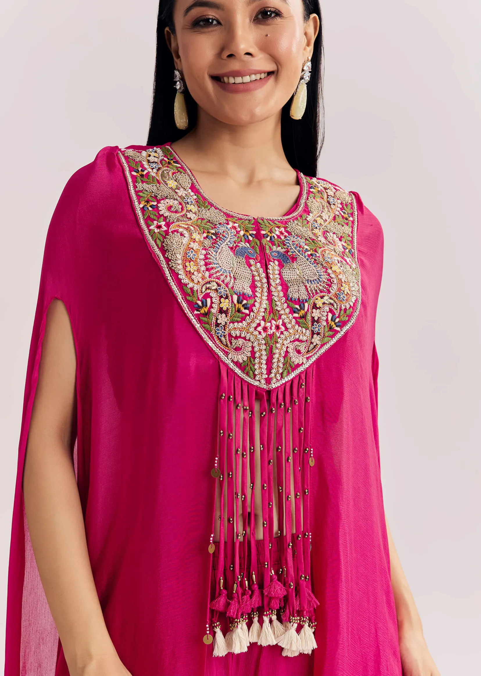 Pink Chinon Zardosi Threadwork Kaftan Kurta Set