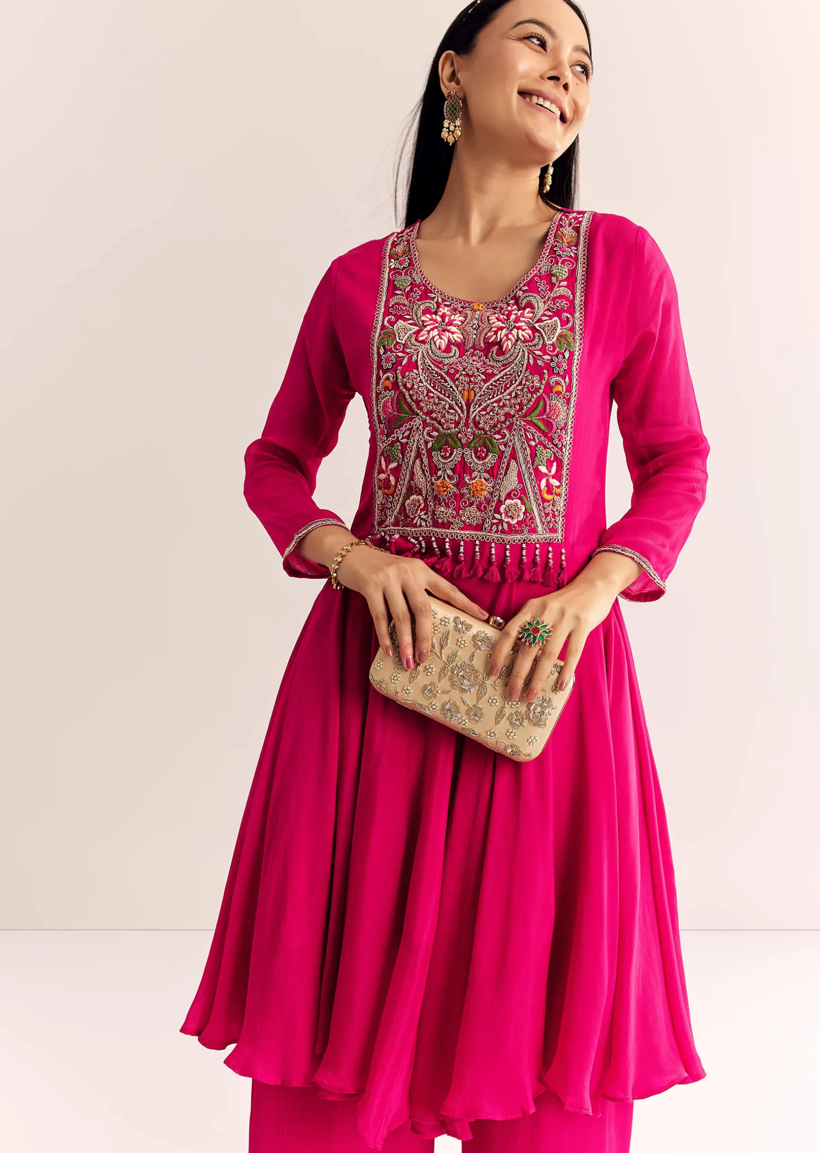 Pink Chinon Zardosi Work Kurta Palazzo Suit