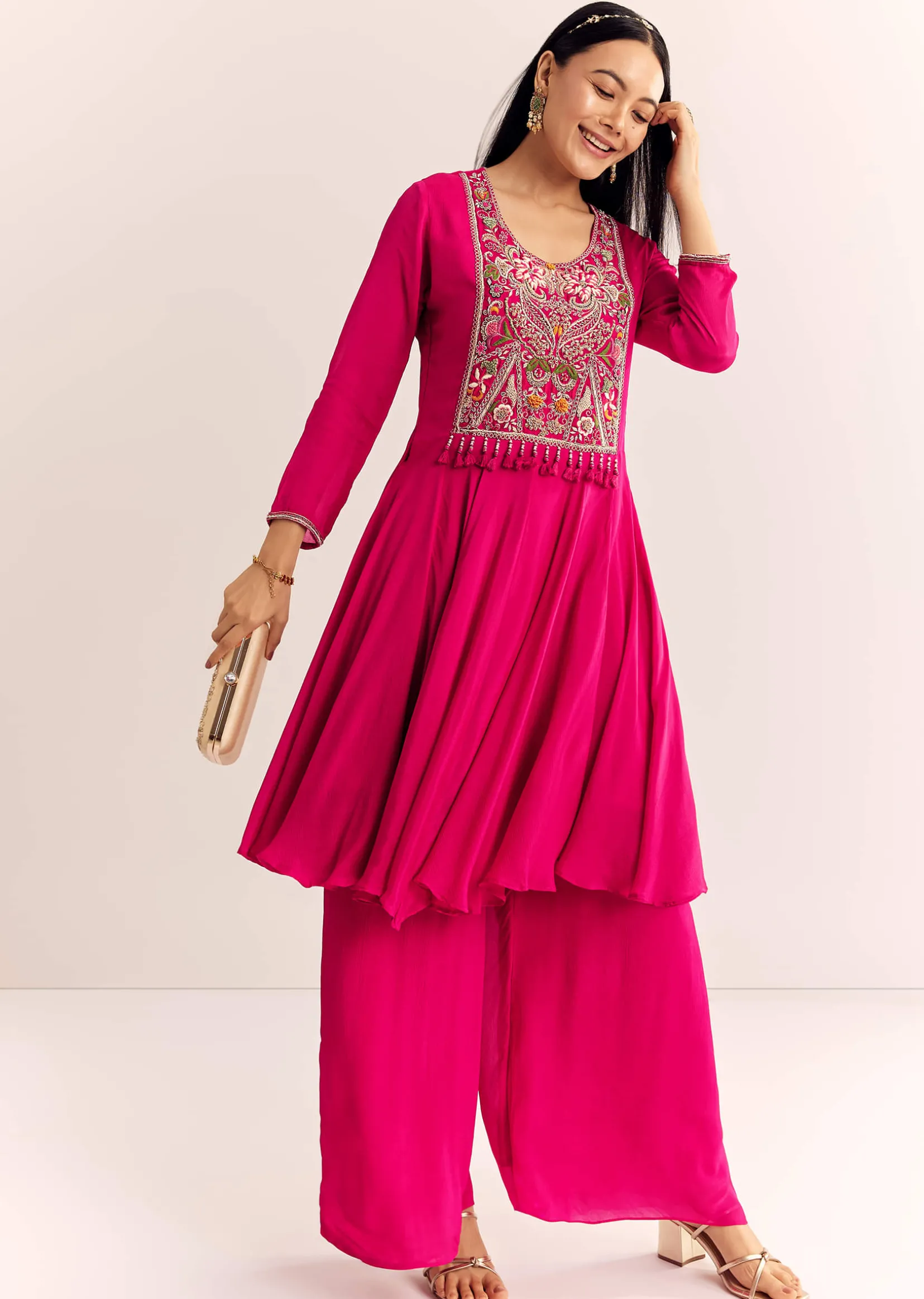 Pink Chinon Zardosi Work Kurta Palazzo Suit