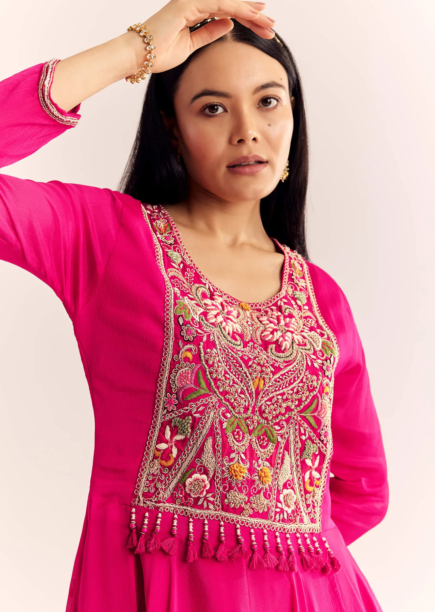 Pink Chinon Zardosi Work Kurta Palazzo Suit