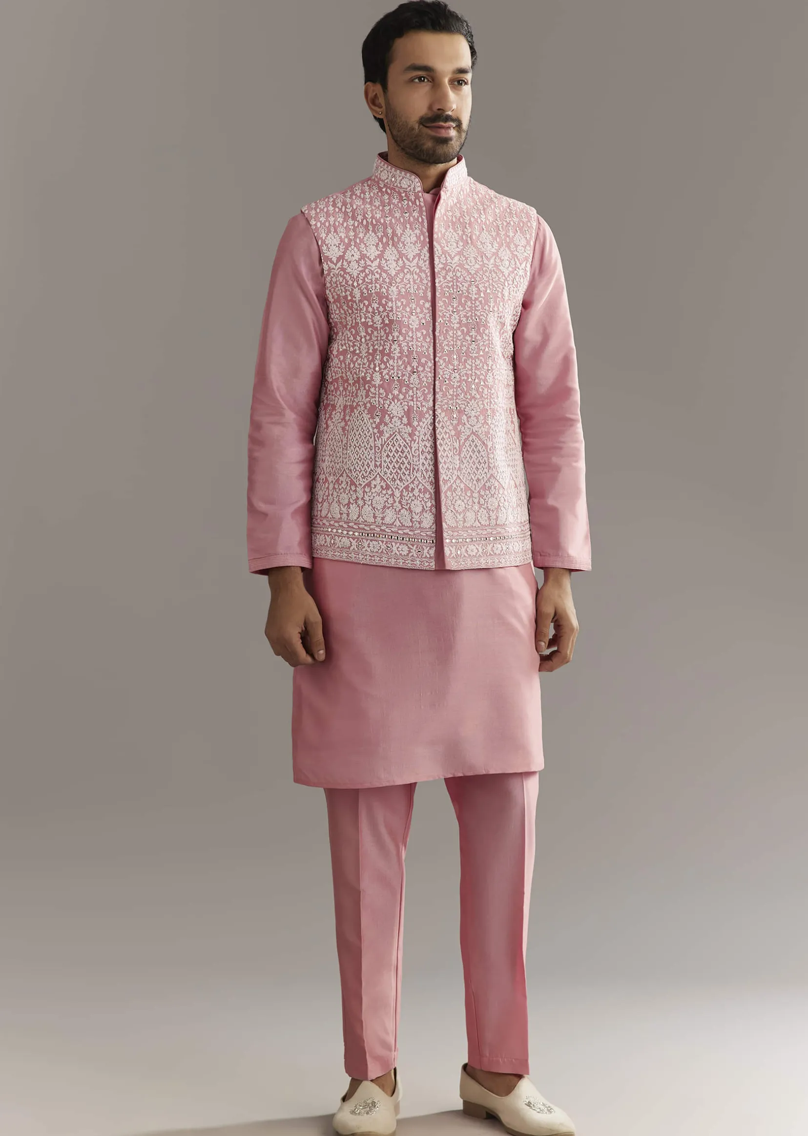 Pink Cotton Silk Jacket Kurta Set With Mirror And Dori Work