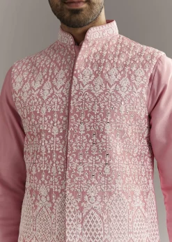 Pink Cotton Silk Jacket Kurta Set With Mirror And Dori Work