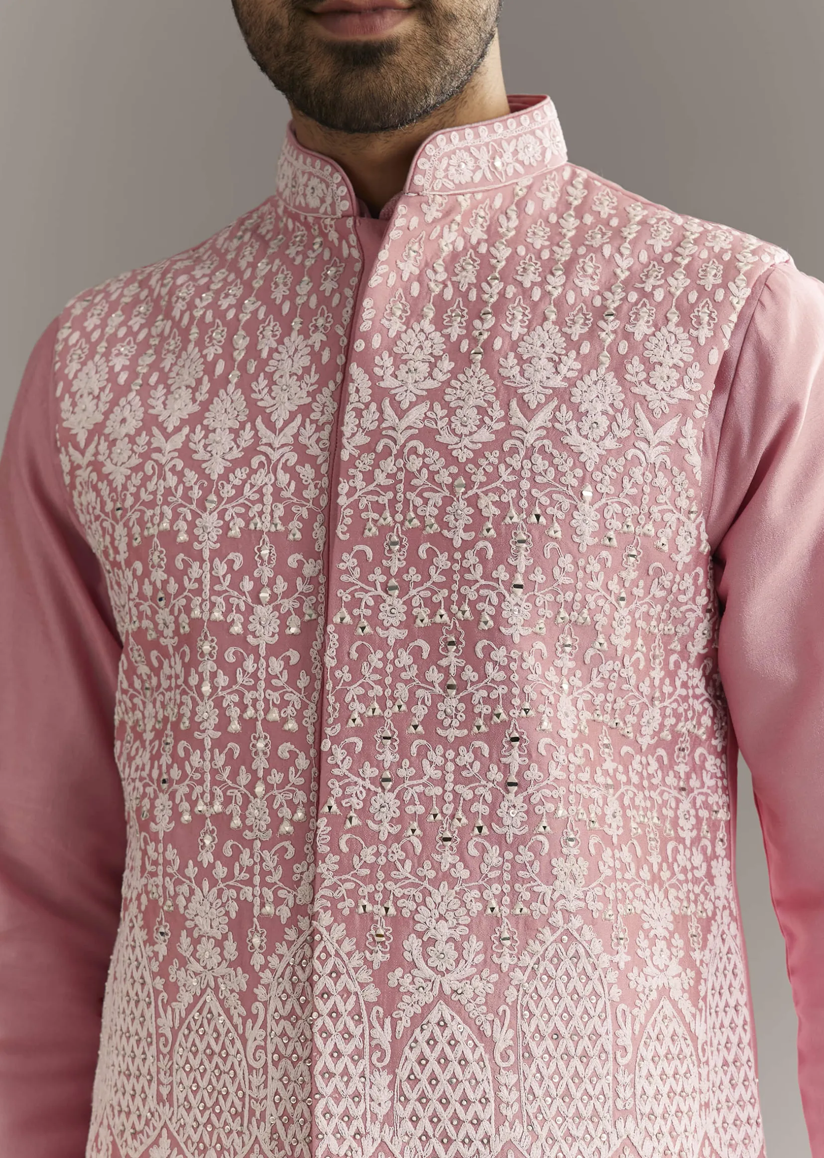 Pink Cotton Silk Jacket Kurta Set With Mirror And Dori Work