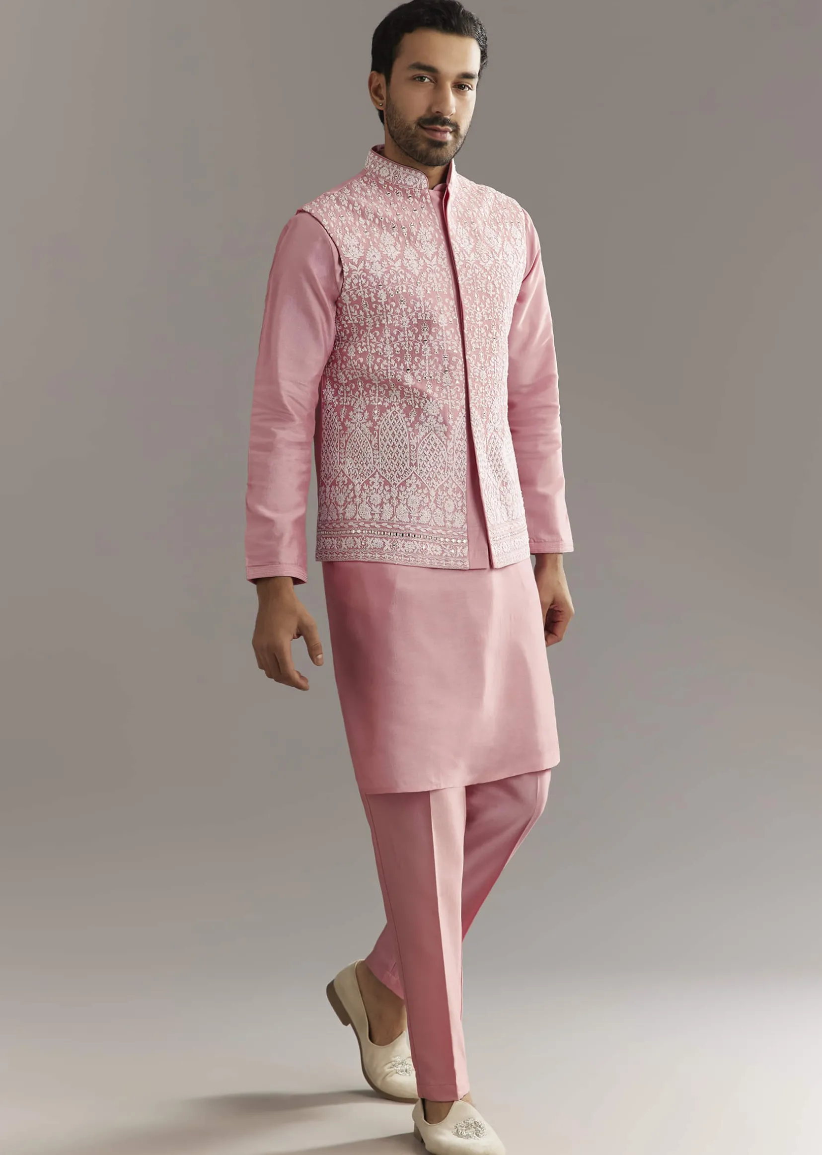 Pink Cotton Silk Jacket Kurta Set With Mirror And Dori Work