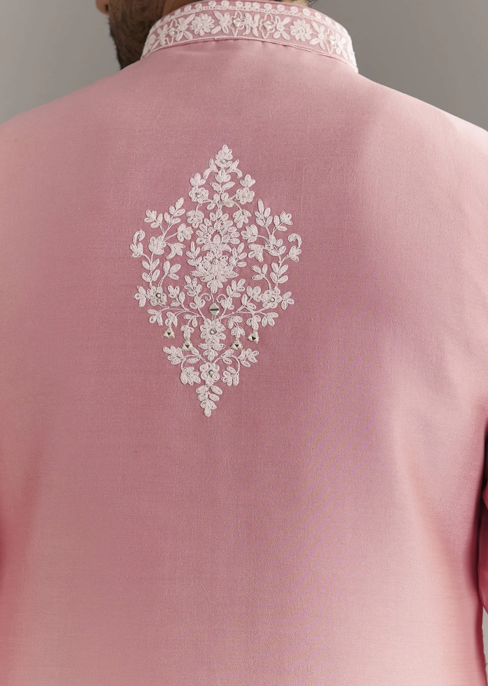 Pink Cotton Silk Jacket Kurta Set With Mirror And Dori Work